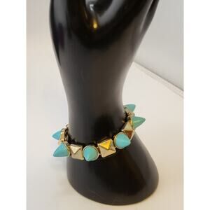 Turquoise Spike Stud Stretch Bracelet Gold Tone Statement